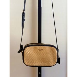 Coach Raffia Shoulder Bag F73070 – Beige/Black Straw & Leather